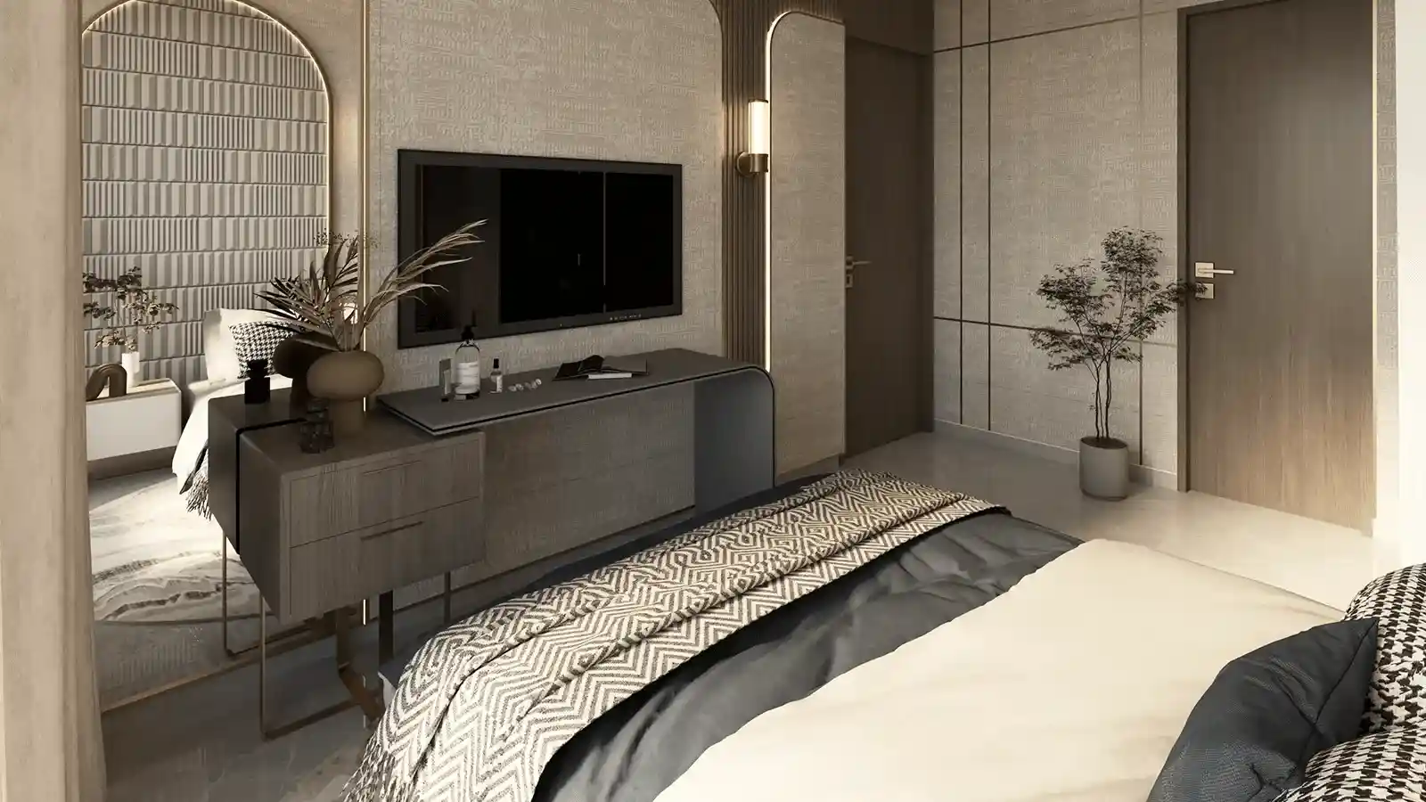 Elegant master bedroom interior of a villa at Peninsula Estates Alibaug One