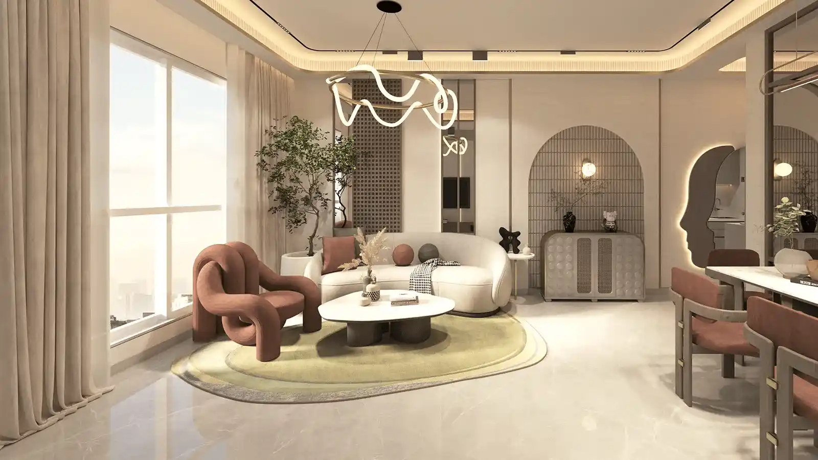 Bright and spacious living room design at Peninsula Estates Alibaug One